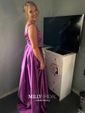 Princess V-neck Satin Sweep Train Pockets Prom Dresses