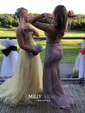 Princess V-neck Tulle Floor-length Appliques Lace Prom Dresses
