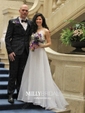 Chiffon Tulle V-neck A-line Sweep Train Appliques Lace Wedding Dresses