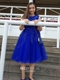 A-line Scoop Neck Tulle Knee-length Beading Prom Dresses