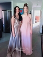A-line V-neck Silk-like Satin Floor-length Ruffles Prom Dresses