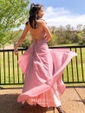 Shimmer Crepe V-neck A-line Sweep Train Pockets Prom Dresses