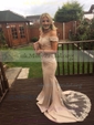 Trumpet/Mermaid Sweep Train Off-the-shoulder Stretch Crepe Beading Prom Dresses