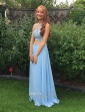 A-line Scoop Neck Tulle Chiffon Sweep Train Beading Prom Dresses