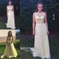 A-line Sweep Train Scoop Neck Chiffon Appliques Lace Prom Dresses