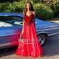 Ball Gown V-neck Organza Velvet Sweep Train Prom Dresses