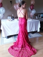 Trumpet/Mermaid Sweep Train V-neck Lace Prom Dresses