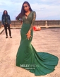 Trumpet/Mermaid V-neck Jersey Sweep Train Appliques Lace Prom Dresses