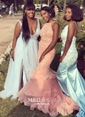 Trumpet/Mermaid V-neck Silk-like Satin Sweep Train Appliques Lace Prom Dresses