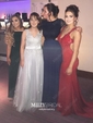 Sheath/Column Sweep Train V-neck Jersey Appliques Lace Prom Dresses