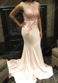 Trumpet/Mermaid Scoop Neck Jersey Sweep Train Appliques Lace Prom Dresses