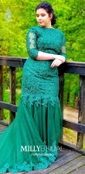 Trumpet/Mermaid V-neck Tulle Court Train Appliques Lace Prom Dresses