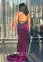 Trumpet/Mermaid Halter Velvet Sweep Train Appliques Lace Prom Dresses