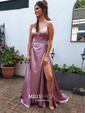 A-line Sweep Train V-neck Silk-like Satin Split Front Prom Dresses