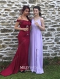 Sheath/Column Off-the-shoulder Jersey Sweep Train Appliques Lace Prom Dresses