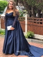 Ball Gown/Princess Sweep Train Off-the-shoulder Satin Beading Prom Dresses