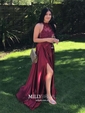 A-line High Neck Satin Floor-length Appliques Lace Prom Dresses