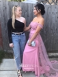 Sheath/Column Off-the-shoulder Silk-like Satin Sweep Train Appliques Lace Prom Dresses