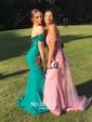 Sheath/Column Off-the-shoulder Silk-like Satin Sweep Train Appliques Lace Prom Dresses