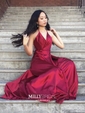 A-line Halter Silk-like Satin Floor-length Split Front Prom Dresses