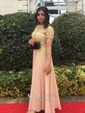 Princess Scoop Neck Chiffon Sweep Train Appliques Lace Prom Dresses