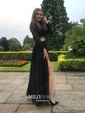 A-line Scoop Neck Lace Chiffon Ankle-length Split Front Prom Dresses