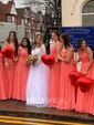 Good Chiffon Floor-length Appliques Lace V-neck Pink Bridesmaid Dress