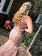 Trumpet/Mermaid V-neck Lace Sweep Train Appliques Lace Prom Dresses