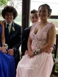A-line V-neck Chiffon Sweep Train Appliques Lace Prom Dresses