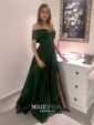Ball Gown/Princess Sweep Train Off-the-shoulder Satin Split Front Prom Dresses