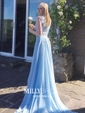 A-line Sweep Train Scoop Neck Chiffon Appliques Lace Prom Dresses