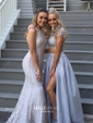 Sheath/Column Scoop Neck Silk-like Satin Lace Ankle-length Split Front Prom Dresses