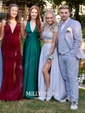 Sheath/Column Scoop Neck Silk-like Satin Lace Ankle-length Split Front Prom Dresses
