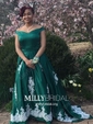 Ball Gown Off-the-shoulder Sweep Train Satin Appliques Lace Prom Dresses