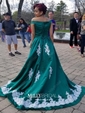 Ball Gown Off-the-shoulder Sweep Train Satin Appliques Lace Prom Dresses