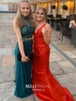 Trumpet/Mermaid V-neck Satin Sweep Train Appliques Lace Prom Dresses