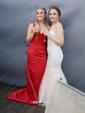 Trumpet/Mermaid V-neck Satin Sweep Train Appliques Lace Prom Dresses