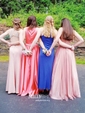 A-line V-neck Satin Floor-length Ruffles Prom Dresses
