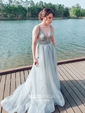 Ball Gown/Princess Sweep Train V-neck Glitter Beading Prom Dresses