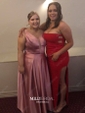 A-line Sweep Train V-neck Silk-like Satin Split Front Prom Dresses