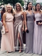 Sheath/Column Off-the-shoulder Silk-like Satin Sweep Train Ruffles Prom Dresses