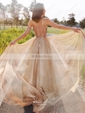 Glitter V-neck A-line Sweep Train Prom Dresses
