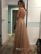 Glitter V-neck A-line Sweep Train Prom Dresses