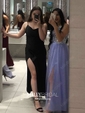 A-line Floor-length V-neck Tulle Sequins Prom Dresses