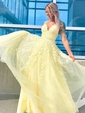 Tulle Lace V-neck A-line Sweep Train Appliques Lace Prom Dresses