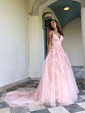 Tulle V-neck A-line Sweep Train Appliques Lace Prom Dresses