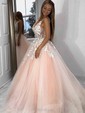 Lace Tulle V-neck A-line Sweep Train Appliques Lace Prom Dresses