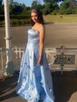 Satin Strapless A-line Sweep Train Flower(s) Prom Dresses