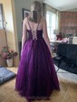 Princess Scoop Neck Tulle Sweep Train Appliques Lace Prom Dresses