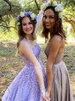 Princess Scoop Neck Tulle Sweep Train Appliques Lace Prom Dresses